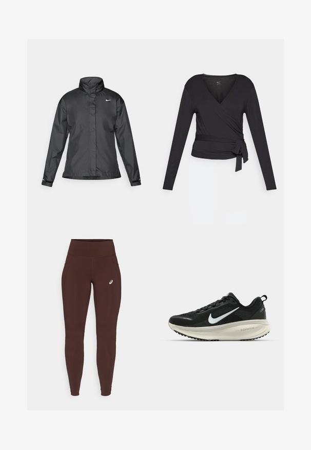Černý větrový kabát s vysokým límcem, plným zipem vpředu a logem Nike na hrudi; vyrobený z hladké, lehké tkaniny.; Černý dlouhý rukáv zavinovací top s V-výstřihem, se zavazováním na boku. Vyrobený z měkké, hladké látky s přiléhavým střihem.; Hnědé legíny vyrobené z elastického materiálu s vysokým pasem, obsahující boční kapsy a decentní logo na levém stehně.; Černá běžecká obuv Nike s prodyšným síťovaným svrškem, bílým logem swoosh, texturovanými detaily a krémovou mezipodešví ZoomX.