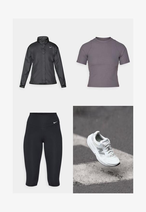 Giacca a vento nera con colletto alto, chiusura full zip e logo Nike sul petto; realizzata in tessuto leggero e liscio.; Top a maniche corte e collo alto in tessuto grigio a costine. Design aderente con cuciture piatte e una texture liscia. Senza motivi né grafiche.; I leggings capri neri Nike presentano una vita alta, un tessuto elasticizzato e liscio e un dettaglio del logo discreto sul davanti.; Scarpa da corsa bianca con tomaia in mesh testurizzato, dettagli grigi e suola ammortizzata, mostrata in volo sopra un segno sull'asfalto.