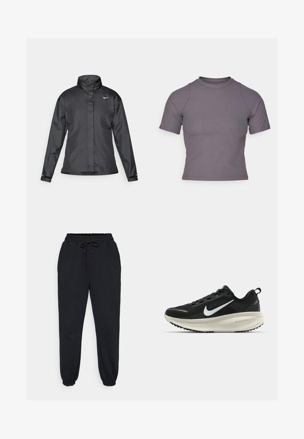 Black windbreaker jacket featuring a high collar, full zip front, and Nike logo on the chest; made of smooth, lightweight fabric.; Short-sleeve, high-neck top in ribbed, gray fabric. Fitted design with flat seams and a smooth texture. No patterns or graphics present.; Black sweatpants made from soft fabric, featuring an elastic waistband with drawstring, side pockets, and elastic cuffs at the ankles.; Black Nike running shoe with breathable mesh upper, white swoosh logo, textured detailing, and a cream-colored ZoomX midsole.