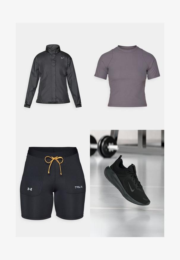 Crna vremenska jakna s visokim ovratnikom, punim zatvaračem sprijeda i Nike logom na grudima; izrađena od glatkog, laganog materijala.; Majica kratkih rukava s visokim ovratnikom od rebrastog, sivog materijala. Prilagođeni dizajn s ravnim šavovima i glatkom teksturom. Nema uzoraka niti grafika.; Crne atletske kratke hlače s žutom rastezljivom vezicom, s bočnim džepovima i srebrnim Under Armour logotipom. Glatka, rastezljiva tkanina.; Crna sportska tenisica s Nike logotipom, prikazana u zraku na podu teretane, s mutnom stalcem za bučice u pozadini.