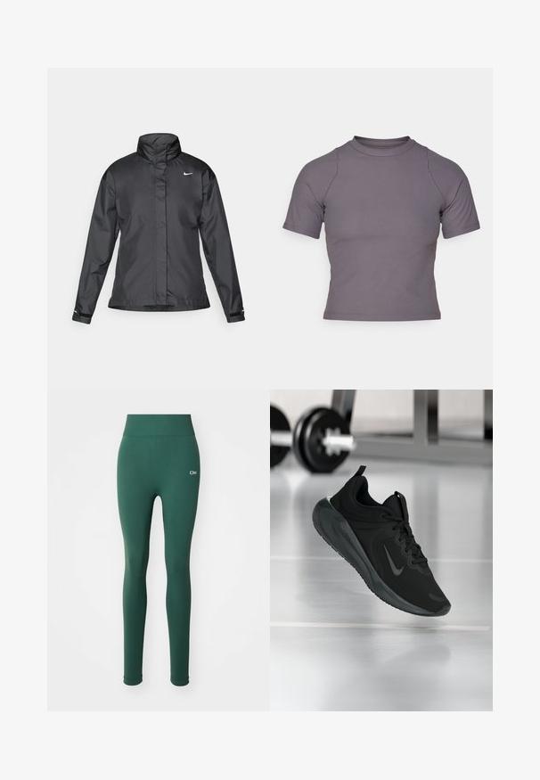 Veste coupe-vent noire avec un col haut, fermeture éclair complète à l'avant et logo Nike sur la poitrine ; fabriquée en tissu lisse et léger.; Haut à manches courtes et col montant en tissu gris côtelé. Design ajusté avec coutures plates et texture lisse. Pas de motifs ni de graphiques.; Leggings verts avec une texture lisse, taille haute et un discret logo à l'avant. Design ajusté et couverture pleine longueur.; Baskets de sport noires avec le logo Nike, montrées en l'air au-dessus d'un sol de gym, avec un rack de haltères flou en arrière-plan.