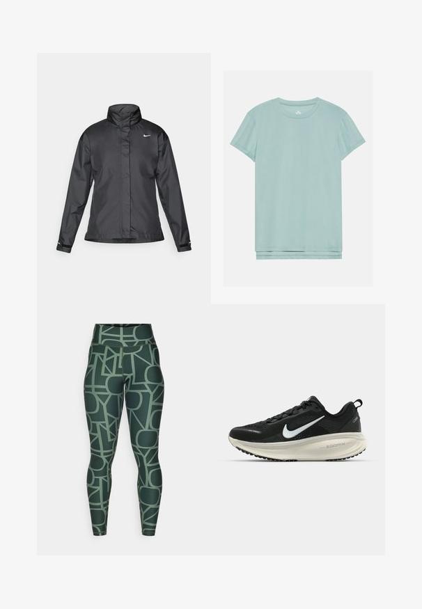 Svarte vindjakke med høy krage, full glidelås foran og Nike-logo på brystet; laget av glatt, lett materiale.; Lyseblå kortermet T-skjorte laget av mykt stoff med rund hals og rett kant. Enkel, glatt tekstur uten mønstre.; Høytlivte grønne leggings med et geometrisk mønster i dempede toner. Laget av elastisk, glatt stoff med en tettsittende silhuett.; Svart Nike løpesko med pustende mesh-overdel, hvit swoosh-logo, teksturert detaljer og en kremfarget ZoomX mellomsåle.