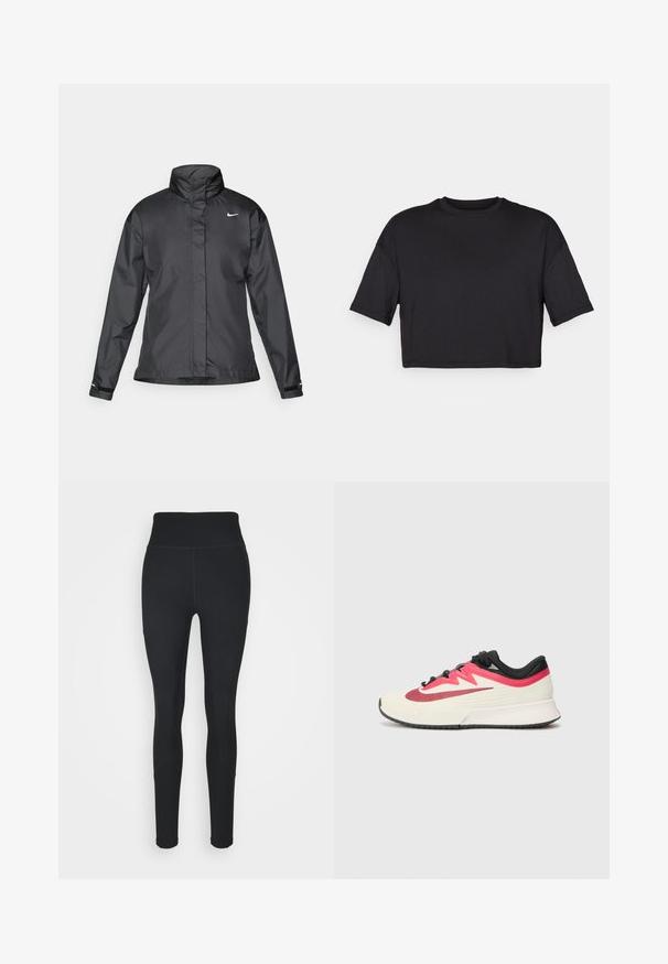 Svart vindjacka med hög krage, hel dragkedja fram och Nike-logga på bröstet; tillverkad av ett mjukt, lätt tyg.; Svart kortärmad t-shirt i mjukt tyg, med rund halsringning och korta, vida ärmar, med en enkel, sömlös design.; Svarta leggings i stretchigt material, med hög midja, ribbade paneler på sidorna och en figurnära design som smalnar av vid anklarna.; Löparskor med en cremefärgad ovandel, röda och svarta accenter samt strukturerad yta. Har svarta snören och en vadderad sula för komfort.