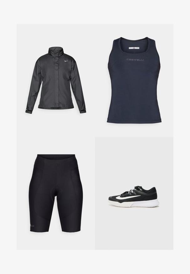 Svarte vindjakke med høy krage, full glidelås foran og Nike-logo på brystet; laget av glatt, lett materiale.; Marineblå idrettstopp laget av glatt, elastisk stoff. Har rund halsutringning og diskret merke på brystet.; Sorte sykkelshorts laget av elastisk materiale, med polstret innlegg, elastisk midje og glatte sømmer for en strømlinjeformet passform.; Svart treningstøvel med hvite detaljer, med en teksturert overdeler, rund tå, flate lisser og en tykk hvit gummisåle.