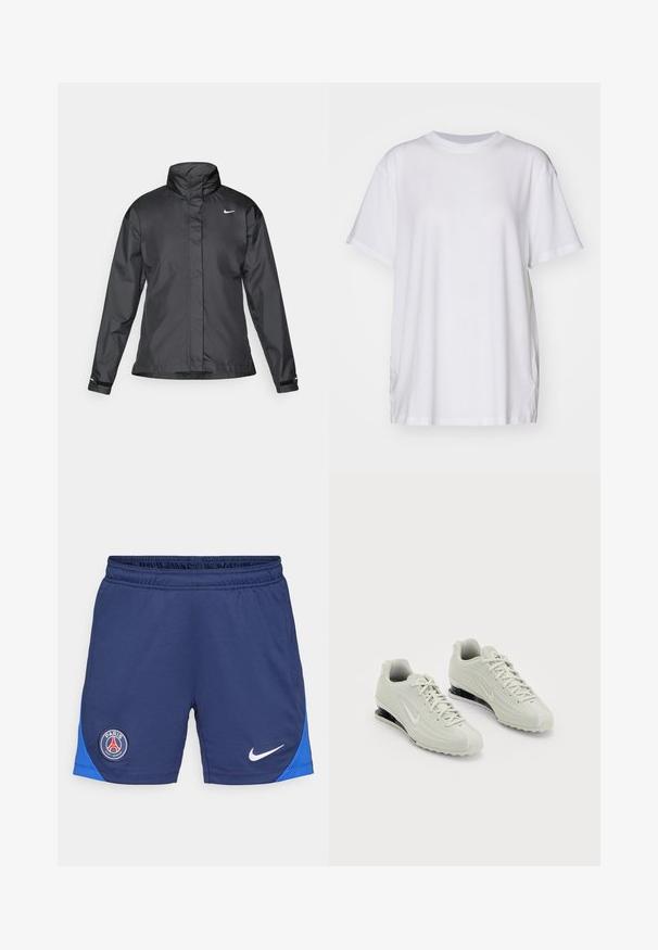 Must mustakate libi, millel on kõrge krae, täispikk tõmblukk ja Nike logo rinnal; valmistatud siledast, kergetest kangast.; Valge suuruses T-särk, mis on valmistatud puuvillast, millel on ümmargune kaelus, lühikesed varrukad ja külgmised lõhenemised mugava istuvuse tagamiseks. Sile tekstuur.; Tumed sinised sportlikud lühikesed püksid, millel on elastne vöökoht, sinine külgpaneel, valge Nike logo ning ümmargune PSG logo vasakul reiel.; Valged Nike jooksujalatsid tekstuurse ülemise osaga, koos siledast materjalist varbakatte ja mustade pehmendustega. Kinnitatavad nööbid, tugevdatud konts.