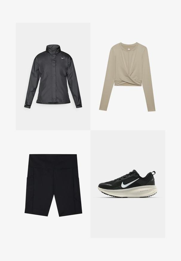 Melnā vēja izturīgā jaka ar augstu apkakli, pilnu rāvējslēdzēju priekšpusē un Nike logo uz krūšu; izgatavota no gludas, vieglas auduma.; Gaiši bežs garām piedurknēm crop top ar savītu priekšpuses dizainu, izgatavots no gludas auduma. Iespējas: apaļa kakla izgriezums un pieguļošas piedurknes.; Melni sporta šorti, izgatavoti no stiepjama, mitrumiztvēršo auduma. Piedāvā divas sānu kabatas un plakano šuvju dizainu, kas nodrošina ērtības.; Melnas Nike skriešanas kurpes ar elpojošu acs augšdaļu, baltu Swoosh logotipu, strukturētu apdari un krēmkrāsas ZoomX starpsole.