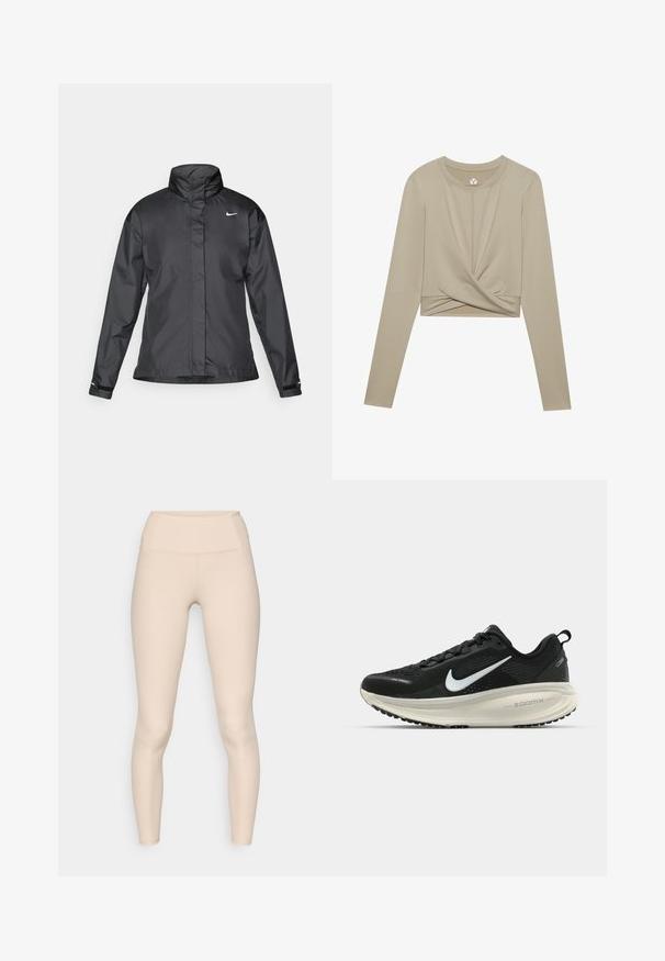 Fekete szélálló dzseki magas gallérral, teljes cipzárral elöl és Nike logóval a mellkason; sima, könnyű anyagból készült.; Világos bézs, hosszú ujjú, crop top, csavart elülső dizájnnal, sima anyagból készült. Kerek nyakkivágással és testhez álló ujjaival rendelkezik.; Beige bordás leggings magas derékkal. Simító textúrájúak, és testhez simuló kialakítással rendelkeznek, látható varratok vagy logók nélkül.; Fekete Nike futócipő légáteresztő hálós felsőrésszel, fehér Swoosh logóval, textúrázott részletekkel és krém színű ZoomX középtalppal.