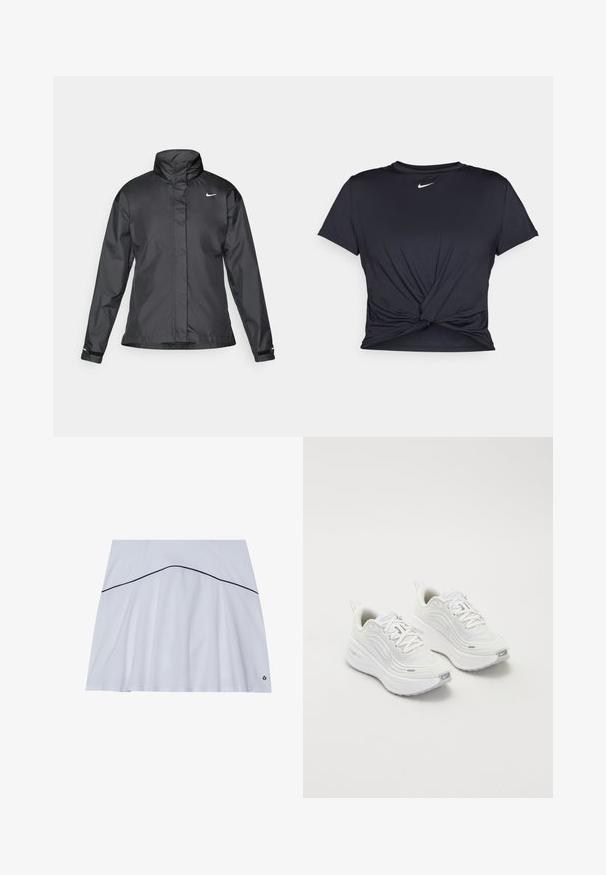 Melnā vēja izturīgā jaka ar augstu apkakli, pilnu rāvējslēdzēju priekšpusē un Nike logo uz krūšu; izgatavota no gludas, vieglas auduma.; Melna sporta t-kreklu ar gludu audumu, ar mezglošanas priekšpusi un mazu baltu Nike logotipu uz krūšu daļas.; Balta sporta svārku ar platu apakšmalu, ar tumši zilu akcentu lineā ap vidukli un logo apakšējā labajā stūrī.; Baltas sporta apavi ar teksturētu sieta augšdaļu, mīkstinātu zoli un smalkiem pelēkiem akcentiem. Iekļauj zīmolu un cilpu papēža cilpu vieglai uzvilkšanai.