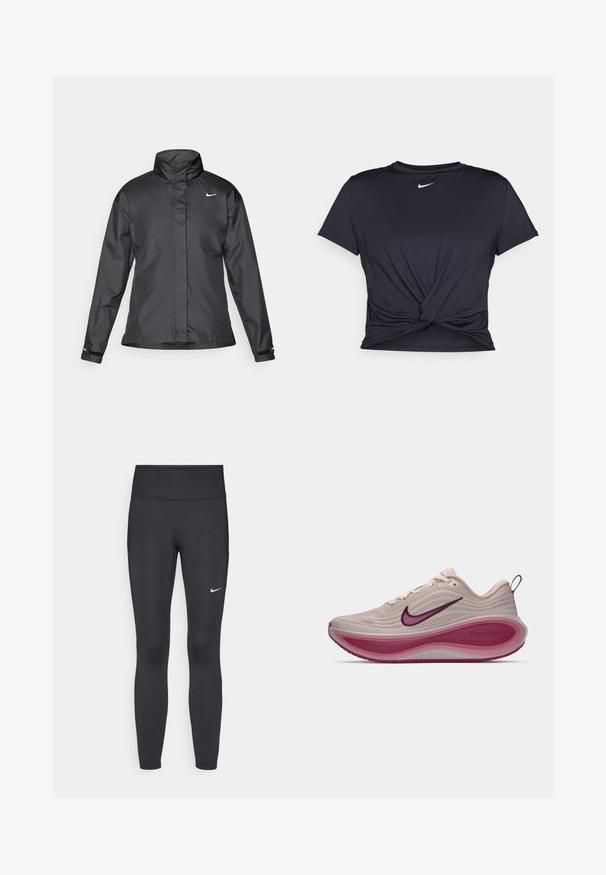 Crna vremenska jakna s visokim ovratnikom, punim zatvaračem sprijeda i Nike logom na grudima; izrađena od glatkog, laganog materijala.; Crni trenirac s kratkim rukavima izrađen od glatkog materijala, s čvorastim dizajnom sprijeda i malim bijelim Nike logotipom na prsima.; Crne tajice izrađene od rastezljivog materijala, s visokim strukom i bijelim Nike logotipom na lijevom bedru. Glatka tekstura, dizajn koji prati obline.; Nike ZoomX trkaća cipela u svijetlosmeđoj boji s teksturiranim gornjim dijelom, zakrivljenom ružičastom srednjom potplatnom i ljubičastim akcentima na logotipu i potplatu.