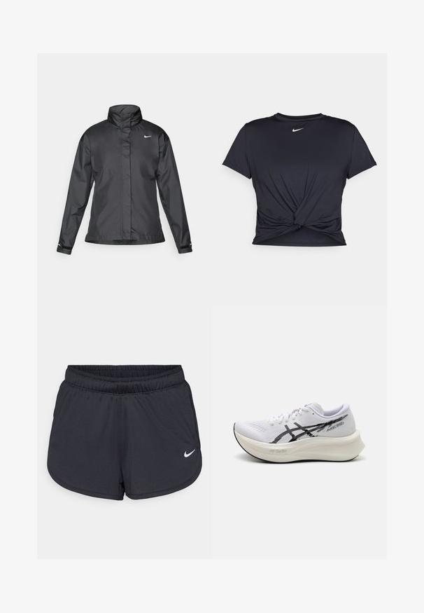 Črna vetrovka z višjim ovratnikom, popolnim zadrgo spredaj in logotipom Nike na prsih; izdelana iz gladkega, lahkega materiala.; Črna atletska majica iz gladkega materiala, z vozlanim sprednjim delom in majhnim belim logotipom Nike na prsih.; Črne športne hlače iz lahkega, zračnega materiala. Imajo elastični pas in belo Nike logotip na spodnji desni strani.; ASICS MAGIC SPEED - Tekaški copati za cesto - white/black
