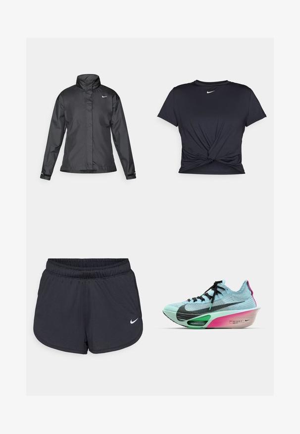 Must mustakate libi, millel on kõrge krae, täispikk tõmblukk ja Nike logo rinnal; valmistatud siledast, kergetest kangast.; Mustmust musta sportlik T-särk, mis on valmistatud sujuvast kangast, millel on sõlmega esikülg ja väike valge Nike logo rinnal.; Mustad mustikud mustad lühikesed püksid, mis on valmistatud kerge ja hingava kangaga. Omab elastset vööd ja valget Nike logo alumises paremas nurgas.; Nike jooksutossud, millel on helesinine kudum, mustad aktsendid, rohelise AIR ZOOM vahetalla ja roosa-valge gradient välispind.