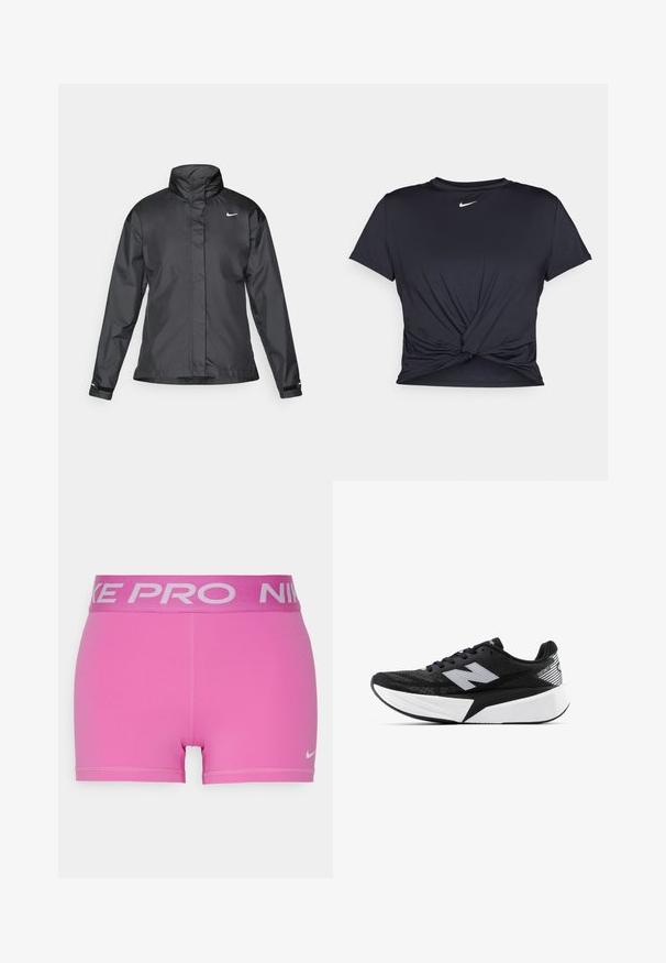 Black windbreaker jacket featuring a high collar, full zip front, and Nike logo on the chest; made of smooth, lightweight fabric.; Black athletic t-shirt made of smooth fabric, featuring a knotted front design and a small white Nike logo on the chest.; Pink athletic shorts with a wide gray Nike Pro waistband. Made of smooth, stretchy material with flat seams and a small Nike logo.; Black and white New Balance running shoe with thick sole, mesh upper, and "N" logo on the side, viewed from the outer side.