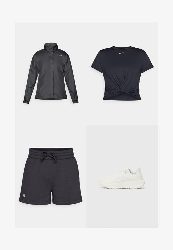 Černý větrový kabát s vysokým límcem, plným zipem vpředu a logem Nike na hrudi; vyrobený z hladké, lehké tkaniny.; Černé sportovní tričko vyrobené z hladkého materiálu, s uzlovým designem vpředu a malým bílým logem Nike na hrudi.; Černé bavlněné šortky s elastickým pasem a stahovací šňůrkou. Obsahují boční kapsy a malé logo na levé noze.; Bílé sportovní boty s texturovaným svrškem, polstrovaným límcem a šněrováním. Mají zakřivenou podešví a decentní branding na straně.