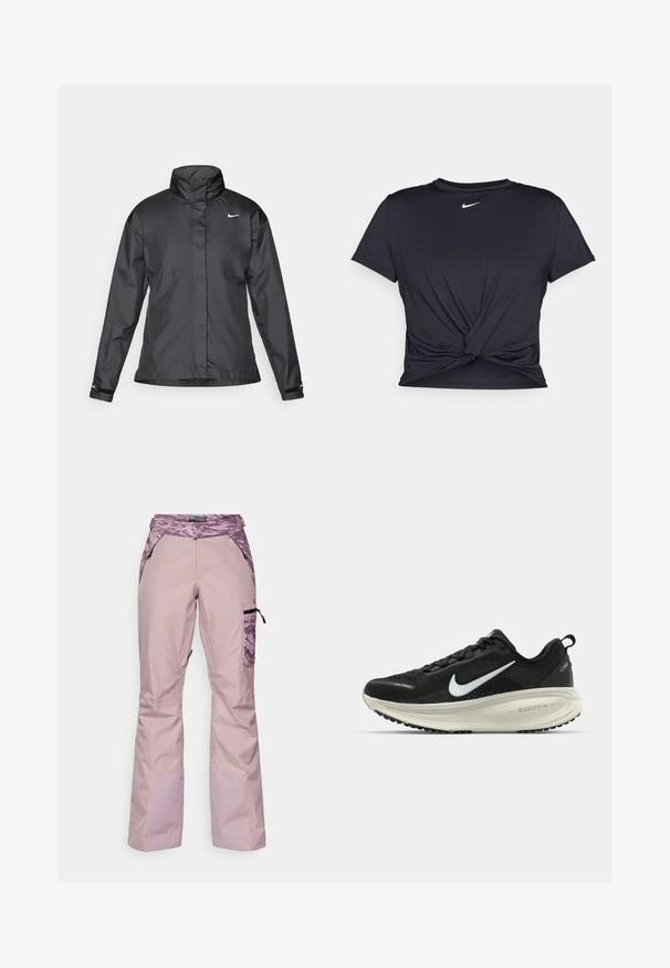 Čierna vetrovka s vysokým golierom, plným zipsom na prednej strane a logom Nike na hrudi; vyrobená z hladkej, ľahkej tkaniny.; Čierne atletické tričko vyrobené z hladkej tkaniny, so zaväzovaným predným dizajnom a malým bielym logom Nike na hrudi.; Nepremokavé ružové lyžiarske nohavice s fialovým vzorom v oblasti pásu a bočnými vreckami, zdobené zipsami a rozšíreným spodným okrajom. Odolná konštrukcia z látky.; Čierne bežecké topánky Nike s priedušnou sieťovinou, bielym logom s symbolom swoosh, textúrovanými detailmi a krémovou ZoomX medzipodrážkou.