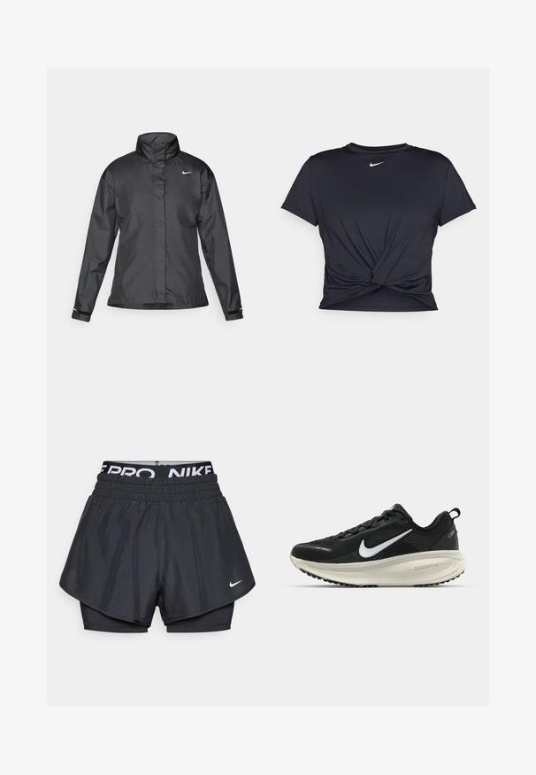 Melnā vēja izturīgā jaka ar augstu apkakli, pilnu rāvējslēdzēju priekšpusē un Nike logo uz krūšu; izgatavota no gludas, vieglas auduma.; Melna sporta t-kreklu ar gludu audumu, ar mezglošanas priekšpusi un mazu baltu Nike logotipu uz krūšu daļas.; Melnas sporta šortus ar slāņotu dizainu, kas ietver elpojošu ārējo slāni, elastīgu jostasvietu ar zīmolu un mazu logotipu priekšā.; Melnas Nike skriešanas kurpes ar elpojošu acs augšdaļu, baltu Swoosh logotipu, strukturētu apdari un krēmkrāsas ZoomX starpsole.