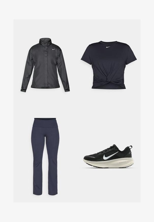 Black windbreaker jacket featuring a high collar, full zip front, and Nike logo on the chest; made of smooth, lightweight fabric.; Black athletic t-shirt made of smooth fabric, featuring a knotted front design and a small white Nike logo on the chest.; Navy blue athletic pants with a wide waistband, straight leg design, smooth texture, and no visible patterns or hardware accents.; Black Nike running shoe with breathable mesh upper, white swoosh logo, textured detailing, and a cream-colored ZoomX midsole.