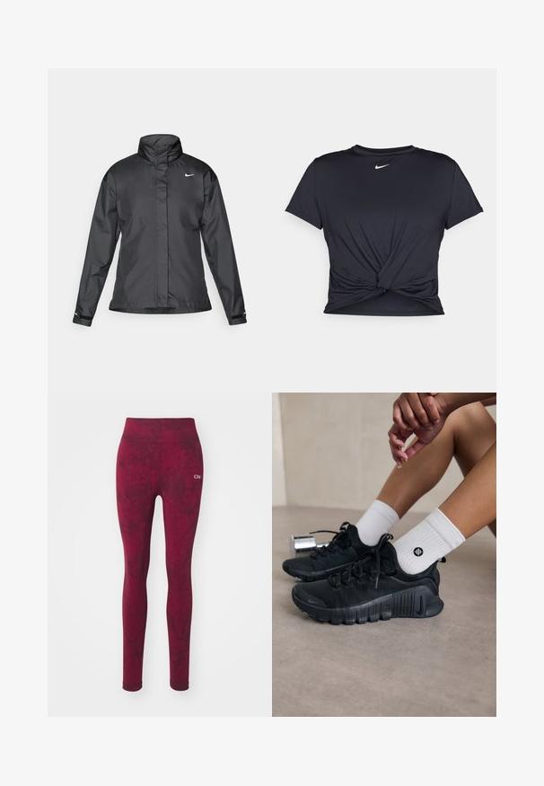 Fekete szélálló dzseki magas gallérral, teljes cipzárral elöl és Nike logóval a mellkason; sima, könnyű anyagból készült.; Fekete sportpóló sima anyagból, elöl megkötős dizájnnal, a mellkason egy kis fehér Nike logóval.; Burgundi színű leggings, batikolt mintával, magas derékkal és varrás nélküli kialakítással. A szövet textúrája simának és rugalmasnak tűnik.; Fekete sportcipők texturált anyagból, fűzős kialakítással és hangsúlyos talppal, fehér bordás zoknikkal párosítva, melyek kis logóval rendelkeznek.
