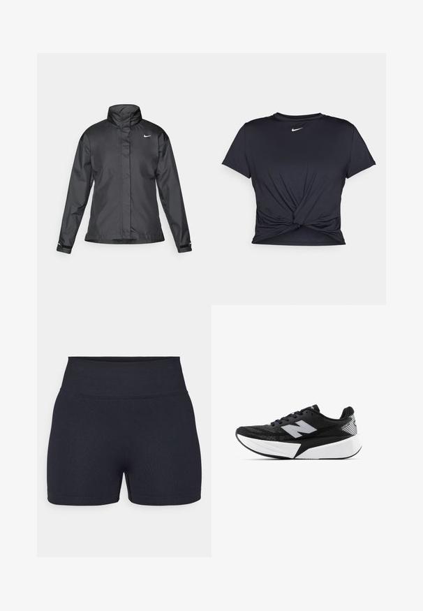 Schwarze Windjacke mit hochgeschlossenem Kragen, durchgehendem Reißverschluss und Nike-Logo auf der Brust; aus glattem, leichtem Material gefertigt.; Schwarzes Sport-T-Shirt aus glattem Stoff, mit einem geknoteten Vorderdesign und einem kleinen weißen Nike-Logo auf der Brust.; Schwarze hoch taillierte Sporthorts aus dehnbarem Material. Verfügt über eine glatte Textur und klare Linien mit einem schlichten Design.; Schwarzer und weißer New Balance Laufschuh mit dicker Sohle, Mesh-Obermaterial und "N"-Logo an der Seite, von der Außenseite betrachtet.