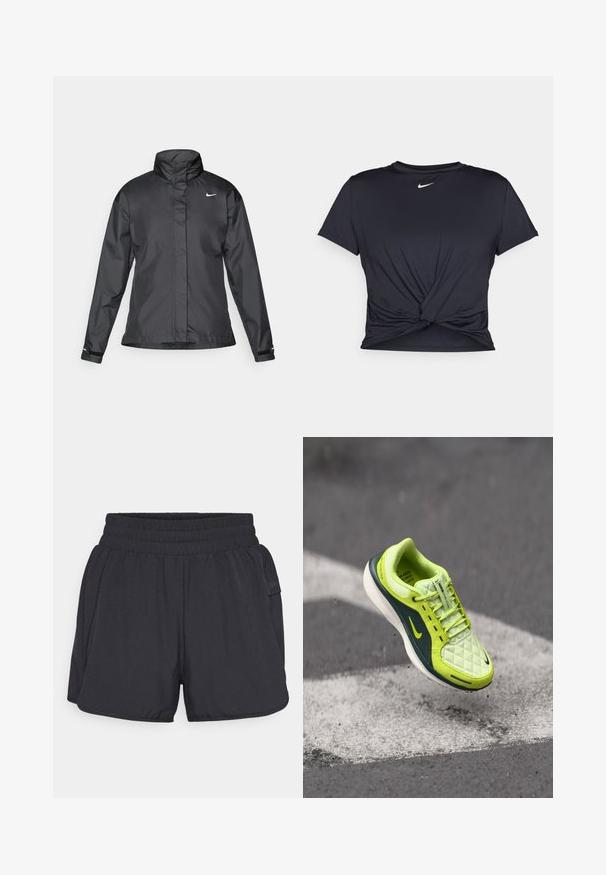 Must mustakate libi, millel on kõrge krae, täispikk tõmblukk ja Nike logo rinnal; valmistatud siledast, kergetest kangast.; Mustmust musta sportlik T-särk, mis on valmistatud sujuvast kangast, millel on sõlmega esikülg ja väike valge Nike logo rinnal.; Björn Borg SHORTS - Spordišortsid - black beauty; Lime roheline jooksujalanõud koos tikitud ülemise osaga, tume rohelised aktsendid, valge tald ja nähtav must Nike logo; omab nöörimise disaini ja tekstureeritud pinda.