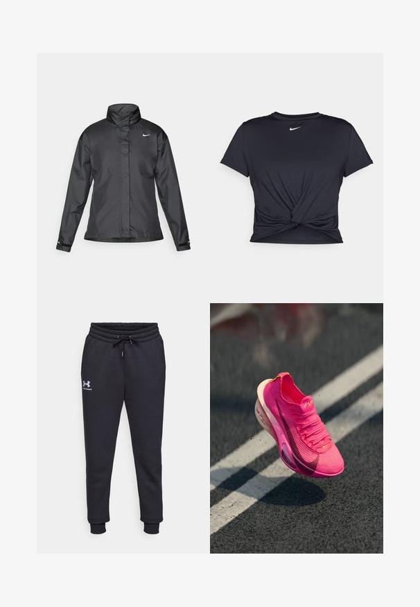 Juoda vėjui atspari striukė su aukštu apykakle, visišku užtrauktuku priekyje ir Nike logotipu krūtinėje; pagaminta iš lygaus, lengvo audinio.; Juodas sportinis marškinėlis, pagamintas iš lygios medžiagos, su surišta priekiu ir mažu baltu Nike logotipu ant krūtinės.; Juodos sportinės kelnės, pagamintos iš minkštos medžiagos, su elastinga juosmens juosta ir raišteliu, siaurėjančiomis kojomis ir mažu baltu logotipu ant kairiojo klubo.; Sportiniai bateliai ryškiai rožinės spalvos, megzti, su tekstūruota paviršiaus struktūra, tinklinė viršutinė dalis ir balta tarpinė. Puošia tamsiai rožinis "swoosh" logotipas.