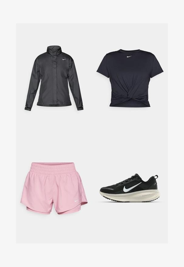 Melnā vēja izturīgā jaka ar augstu apkakli, pilnu rāvējslēdzēju priekšpusē un Nike logo uz krūšu; izgatavota no gludas, vieglas auduma.; Melna sporta t-kreklu ar gludu audumu, ar mezglošanas priekšpusi un mazu baltu Nike logotipu uz krūšu daļas.; Nike Performance ONE - Šorti “divi vienā” - elemental pink/reflective silver; Melnas Nike skriešanas kurpes ar elpojošu acs augšdaļu, baltu Swoosh logotipu, strukturētu apdari un krēmkrāsas ZoomX starpsole.