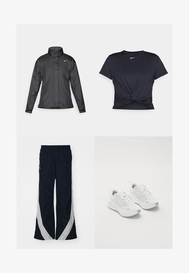 Crna vremenska jakna s visokim ovratnikom, punim zatvaračem sprijeda i Nike logom na grudima; izrađena od glatkog, laganog materijala.; Crni trenirac s kratkim rukavima izrađen od glatkog materijala, s čvorastim dizajnom sprijeda i malim bijelim Nike logotipom na prsima.; Mornarski jakničasti hlače s elastičnim pojasom, s bijelim dijagonalnim bočnim prugama i širokim krojem. Izrađene su od lagane, teksturirane tkanine.; Bijele sportske tenisice s teksturiranim mrežastim gornjim dijelom, podstavljenom potplatom i suptilnim sivim naglascima. Uključuju brendiranje i petlju na peti za lakše obuvanje.