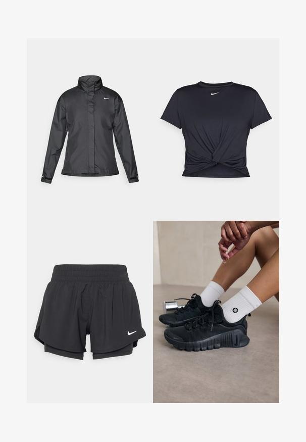 Black windbreaker jacket featuring a high collar, full zip front, and Nike logo on the chest; made of smooth, lightweight fabric.; Black athletic t-shirt made of smooth fabric, featuring a knotted front design and a small white Nike logo on the chest.; Black athletic shorts with an elastic waistband, inner lining, and side slits. Features a white Nike logo on the left front.; Black athletic shoes with textured fabric, laced design, and a prominent sole, paired with white ribbed socks featuring a small logo.