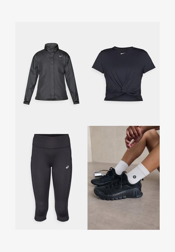 Juoda vėjui atspari striukė su aukštu apykakle, visišku užtrauktuku priekyje ir Nike logotipu krūtinėje; pagaminta iš lygaus, lengvo audinio.; Juodas sportinis marškinėlis, pagamintas iš lygios medžiagos, su surišta priekiu ir mažu baltu Nike logotipu ant krūtinės.; Juodos sportinės capri kelnės su lygaus paviršiaus, elastinga medžiaga, aukštu juosmeniu ir mažu baltu logotipu kairėje pusėje.; Juodi sportiniai bateliai su tekstūruota medžiaga, raištelių dizainu ir ryškiu padu, derinami su baltais raukšlėtais kojiniais, turinčiais mažą logotipą.