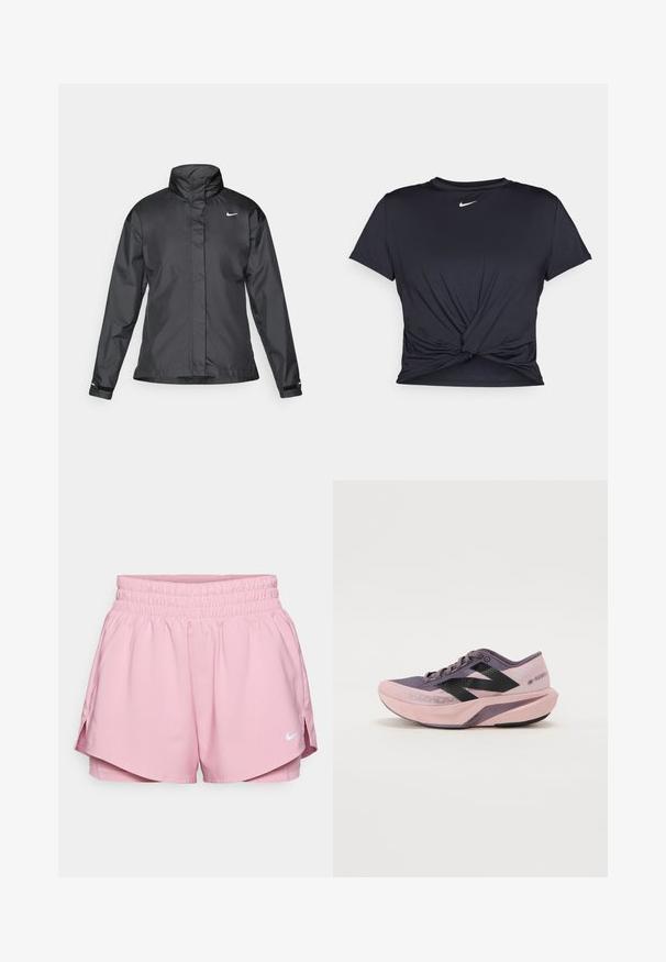 Črna vetrovka z višjim ovratnikom, popolnim zadrgo spredaj in logotipom Nike na prsih; izdelana iz gladkega, lahkega materiala.; Črna atletska majica iz gladkega materiala, z vozlanim sprednjim delom in majhnim belim logotipom Nike na prsih.; Nike Performance ONE SHORT - Športne kratke hlače - elemental pink/reflective silver; Lahka tekaška čevlja s oblikovanjem v gradientu roza in vijolične barve. Ima zračen zgornji del iz mreže, črne detajle in oblazinjen podplat.