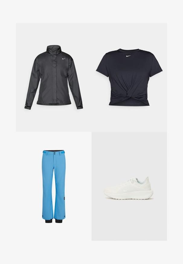 Schwarze Windjacke mit hochgeschlossenem Kragen, durchgehendem Reißverschluss und Nike-Logo auf der Brust; aus glattem, leichtem Material gefertigt.; Schwarzes Sport-T-Shirt aus glattem Stoff, mit einem geknoteten Vorderdesign und einem kleinen weißen Nike-Logo auf der Brust.; Blaue Skihosen aus wasserabweisendem Material, mit geradem Bein, zwei vorderen Taschen und schwarzen elastischen Bündchen an den Knöcheln.; Weiße Sportschuhe mit einer strukturierten Oberseite, gepolstertem Schuhkragen und Schnürverschluss. Verfügt über eine gebogene Außensohle und dezente Markenkennzeichnung an der Seite.