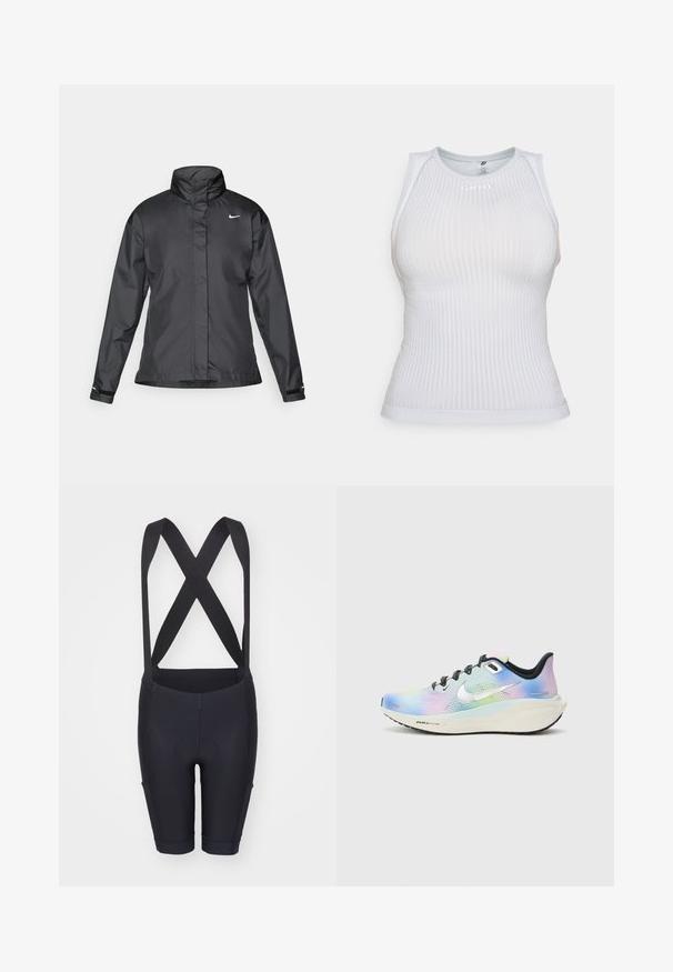 Zwarte windjack met een hoge kraag, volledige rits aan de voorkant en het Nike-logo op de borst; gemaakt van gladde, lichte stof.; Witte fitted mouwloze top met ribbeltextuur, ronde hals en subtiele logodetail. Glad materiaal en minimalistisch ontwerp.; Zwarte fietsshorts met bretels, voorzien van een gladde textuur, een gevoerd zitgedeelte en een aansluitend ontwerp voor comfort en ondersteuning.; Nike hardloopschoenen met een gradient afwerking in lichte blauwtinten, roze en groene tinten. Zwarte veters en zool; zilverkleurig logo-accent.