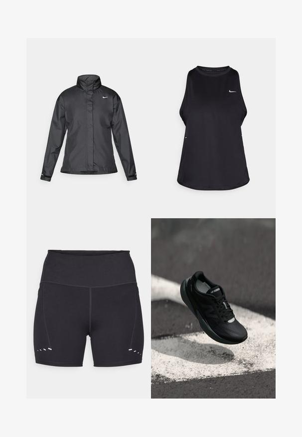 Must mustakate libi, millel on kõrge krae, täispikk tõmblukk ja Nike logo rinnal; valmistatud siledast, kergetest kangast.; Must have musta vaba varrukaga jooksu särk, mis on valmistatud kergest materjalist, ümar kaelus; sisaldab diskreetset logo ja külgmisi lõhesid, et tagada hingavus.; Mustad mustrid spordipüksid, millel on sile tekstuur, kõrge vöökoht ja kontrastsed valged detailid külgedel. Valmistatud venivast ja hingavast materjalist.; Mustmustööd mustad jooksujalatsid tekstureeritud pealsed, sujuv disain ja helendavad aktsendid. Omab pehmet, polsterdatud tallat, mis tagab mugavuse.