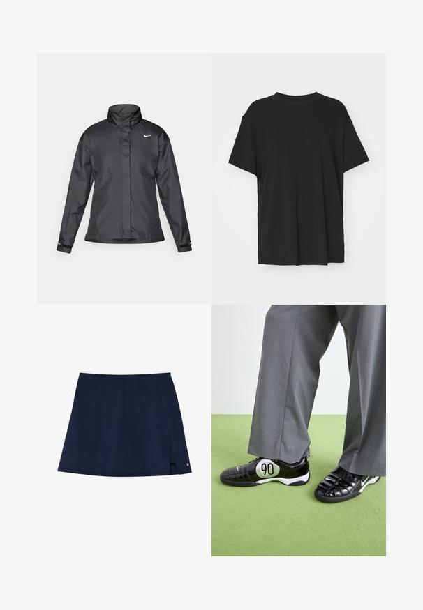 Zwarte windjack met een hoge kraag, volledige rits aan de voorkant en het Nike-logo op de borst; gemaakt van gladde, lichte stof.; Zwarte korte mouwen t-shirt van soepel stof, met een ronde hals en een losse pasvorm. Heeft zij-splitten voor extra comfort en ademend vermogen.; Marine skort van een lichtgewicht, gladde stof. Kenmerkt zich door een zijsplit en een klein logo-accent op de rechter voorkant van de zoom. A-lijn vorm.; Zwarte gepatineerde leren sneakers met een zilveren "90" detail, met een textuur oppervlak en vetersluiting, gecombineerd met grijze wijde broeken.