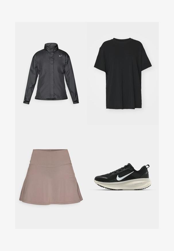 Schwarze Windjacke mit hochgeschlossenem Kragen, durchgehendem Reißverschluss und Nike-Logo auf der Brust; aus glattem, leichtem Material gefertigt.; Schwarzes T-Shirt mit kurzen Ärmeln aus glattem Stoff, mit Rundhalsausschnitt und lockerer Passform. Verfügt über seitliche Schlitze für zusätzlichen Komfort und Atmungsaktivität.; Ein hellbraßer, ausgestellter Rock aus glattem, dehnbarem Stoff mit einem breiten Bund und sauberer Naht. Keine sichtbaren Muster oder Beschläge.; Schwarzer Nike-Laufschuh mit atmungsaktivem Mesh-Obermaterial, weißem Swoosh-Logo, strukturierten Details und einer cremefarbenen ZoomX-Zwischensohle.