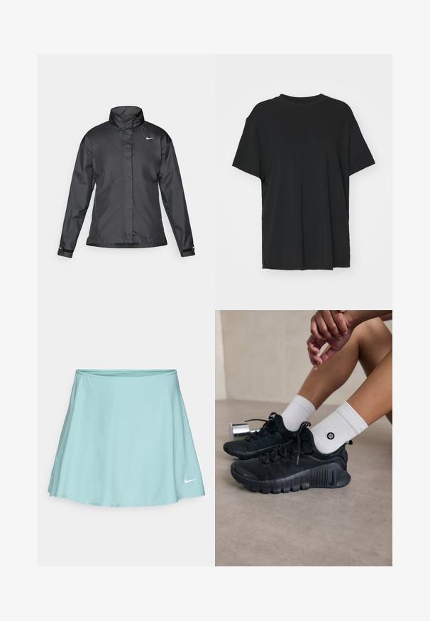 Črna vetrovka z višjim ovratnikom, popolnim zadrgo spredaj in logotipom Nike na prsih; izdelana iz gladkega, lahkega materiala.; Črna kratka majica s kratkimi rokavi, izdelana iz gladkega materiala, s kroјnim ovratnikom in prostim krojem. Ima stranske razpoke za dodatno udobje in zračnost.; Svetlo modra atletska krila z razširjenim dizajnom, narejena iz mehkega materiala. Na spodnjem desnem robu se nahaja belo logotip Nike.; Črne športne čevlje z teksturirano tkanino, vezanim dizajnom in izrazitim podplatom, v kombinaciji z belimi rebrastimi nogavicami z majhnim logotipom.