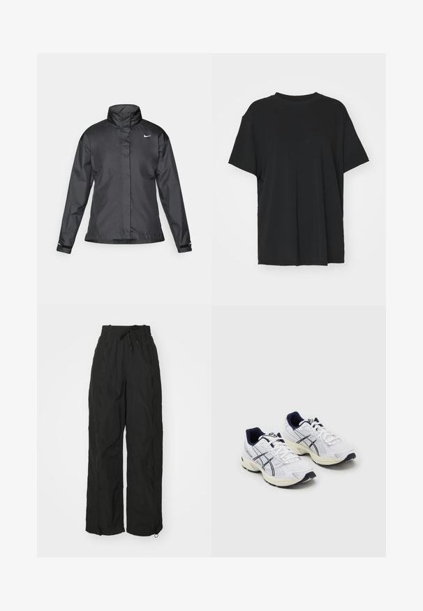 Casaco corta-vento preto com colarinho alto, fecho éclair frontal e logótipo da Nike no peito; feito de um tecido suave e leve.; T-shirt preto de manga curta feito de tecido suave, com decote redondo e corte solto. Apresenta aberturas laterais para maior conforto e respirabilidade.; Calças pretas de perna larga, feitas de um tecido leve e texturizado. Apresentam uma cintura elástica, detalhes com cordão e aberturas com zíper nos tornozelos.; ASICS SportStyle GEL 1130 - Sapatilhas - white/midnight