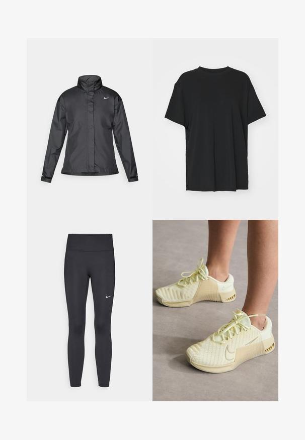 Giacca a vento nera con colletto alto, chiusura full zip e logo Nike sul petto; realizzata in tessuto leggero e liscio.; T-shirt nera a maniche corte realizzata in un tessuto morbido, con collo rotondo e vestibilità ampia. Presenta delle fessure laterali per un comfort e una traspirabilità aggiuntivi.; Leggings neri realizzati in tessuto elasticizzato, con una vita alta e un logo Nike bianco sulla coscia sinistra. Tessuto liscio, design aderente.; Scarpe da ginnastica giallo chiaro con tomaia in rete, accenti laterali a coste, punta rotonda e lacci piatti. Presentano il logo Nike sul lato.