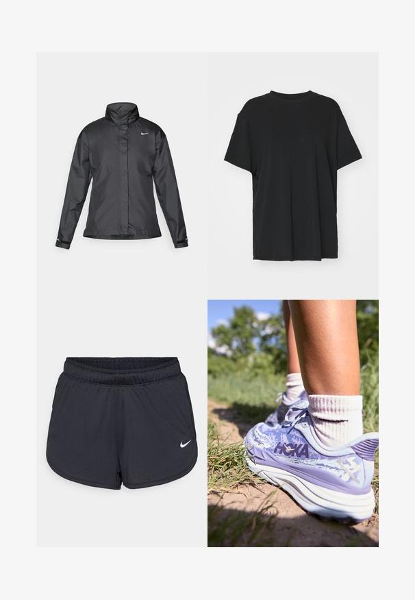 Fekete szélálló dzseki magas gallérral, teljes cipzárral elöl és Nike logóval a mellkason; sima, könnyű anyagból készült.; Fekete, rövid ujjú póló sima anyagból, kerek nyakkivágással és laza szabással. Oldalhasítékokkal a kényelem és a légáteresztés érdekében.; Fekete sportos rövidnadrág, könnyű, légáteresztő anyagból készült. Rugalmas derékpánttal rendelkezik, és a jobb alsó oldalon fehér Nike logó található.; HOKA STINSON 7 - Terepfutó cipők - cosmic sky/meteor