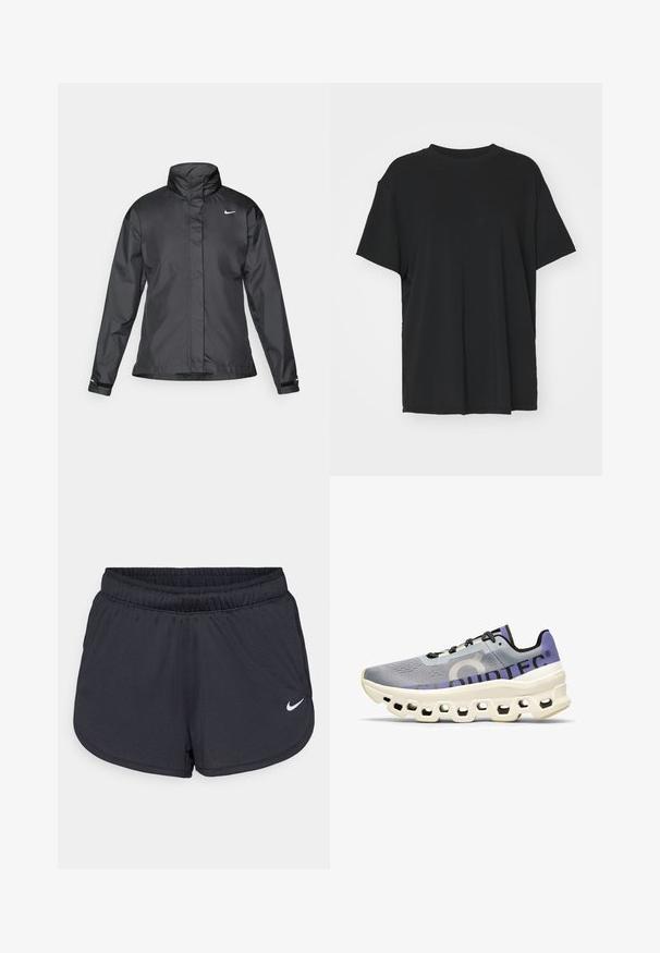 Schwarze Windjacke mit hochgeschlossenem Kragen, durchgehendem Reißverschluss und Nike-Logo auf der Brust; aus glattem, leichtem Material gefertigt.; Schwarzes T-Shirt mit kurzen Ärmeln aus glattem Stoff, mit Rundhalsausschnitt und lockerer Passform. Verfügt über seitliche Schlitze für zusätzlichen Komfort und Atmungsaktivität.; Schwarze Sportshorts aus leichtem, atmungsaktiven Material. Mit elastischem Bund und weißem Nike-Logo auf der unteren rechten Seite.; On CLOUDMONSTER - Laufschuh Straße - mist blueberry