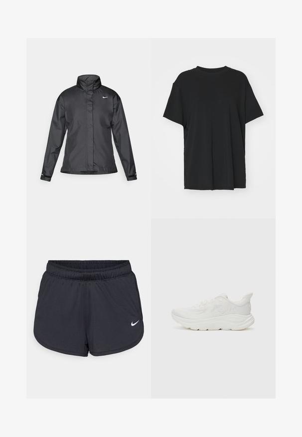 Veste coupe-vent noire avec un col haut, fermeture éclair complète à l'avant et logo Nike sur la poitrine ; fabriquée en tissu lisse et léger.; T-shirt noir à manches courtes en tissu lisse, avec un col ras du cou et une coupe décontractée. Présente des fentes sur les côtés pour plus de confort et de respirabilité.; Shorts de sport noirs en tissu léger et respirant. Dotés d'une taille élastique et d'un logo Nike blanc sur le bas à droite.; Chaussure de course blanche avec une tige en maille texturée, un col rembourré, une semelle intermédiaire épaisse et une semelle extérieure en caoutchouc. Présente un détail de logo sur le côté.