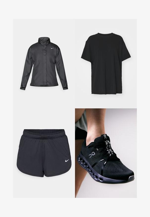 Czarna kurtka przeciwwiatrowa z wysokim kołnierzem, pełnym zamkiem z przodu i logo Nike na piersi; wykonana z gładkiego, lekkiego materiału.; Czarna krótko rękawowa koszulka wykonana z gładkiego materiału, z okrągłym dekoltem i luźnym krojem. Posiada boczne rozcięcia, które zapewniają dodatkowy komfort i przewiewność.; Czarne szorty sportowe wykonane z lekkiego, oddychającego materiału. Posiadają elastyczny pas i biały logo Nike na dolnym prawym boku.; On CLOUDSURFER czarny