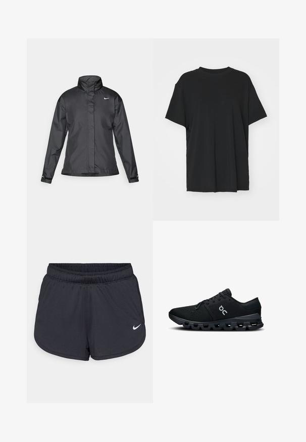 Schwarze Windjacke mit hochgeschlossenem Kragen, durchgehendem Reißverschluss und Nike-Logo auf der Brust; aus glattem, leichtem Material gefertigt.; Schwarzes T-Shirt mit kurzen Ärmeln aus glattem Stoff, mit Rundhalsausschnitt und lockerer Passform. Verfügt über seitliche Schlitze für zusätzlichen Komfort und Atmungsaktivität.; Schwarze Sportshorts aus leichtem, atmungsaktiven Material. Mit elastischem Bund und weißem Nike-Logo auf der unteren rechten Seite.; Schwarze Sportschuhe mit einem atmungsaktiven Mesh-Obermaterial, schlankem Design und gepolstertem Schuhsohlen, die ein einzigartiges, segmentiertes Profilmuster aufweisen.