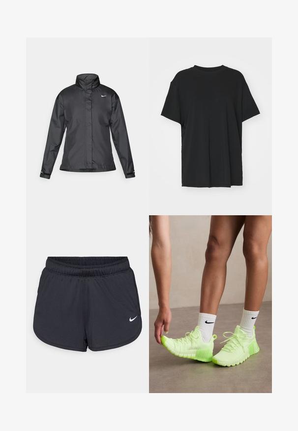 Zwarte windjack met een hoge kraag, volledige rits aan de voorkant en het Nike-logo op de borst; gemaakt van gladde, lichte stof.; Zwarte korte mouwen t-shirt van soepel stof, met een ronde hals en een losse pasvorm. Heeft zij-splitten voor extra comfort en ademend vermogen.; Zwarte sportieve shorts van lichtgewicht, ademend materiaal. Voorzien van een elastische tailleband en een wit Nike-logo aan de rechteronderzijde.; Neon groene sport schoenen met een tekstuurzool, vetersluiting en een wit Nike-logo aan de zijkant. Draag met witte sokken met zwarte accenten.