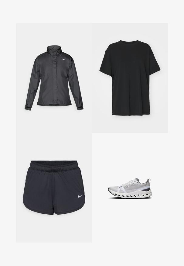 Must mustakate libi, millel on kõrge krae, täispikk tõmblukk ja Nike logo rinnal; valmistatud siledast, kergetest kangast.; Must have lühikeste varrukatega must t-särk, mis on valmistatud siledast kangast, ümmarguse kaelusega ja laia lõikega. Omab külgslitsid, mis pakuvad lisamugavust ja hingavust.; Mustad sportlikud lühikesed püksid elastse vöökohaga, millel on spordilik disain ja valge Nike logo alumisel esiküljel. Kootud kangas.; Valged spordijalatsid, millel on võrgust pealne, hallid aktsendid, paks vahetald ja mitmed ventilatsiooniavad alumisel serval.