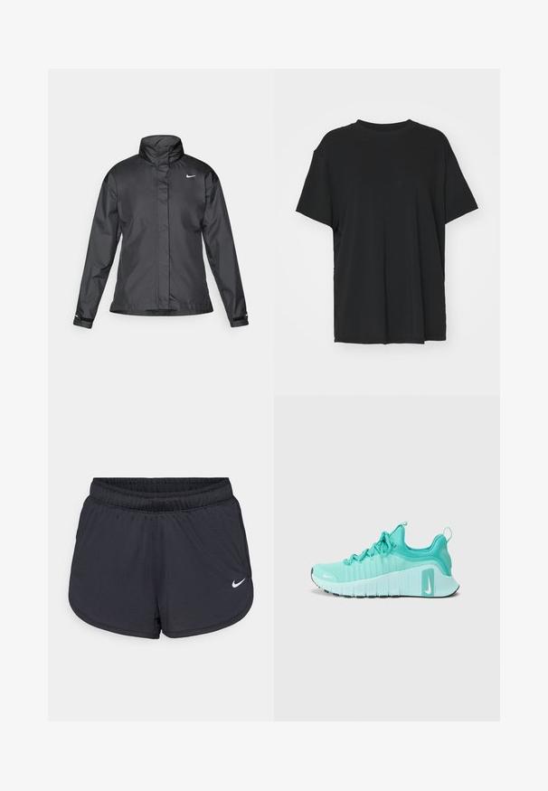 Černý větrový kabát s vysokým límcem, plným zipem vpředu a logem Nike na hrudi; vyrobený z hladké, lehké tkaniny.; Černé tričko s krátkým rukávem vyrobené z hladkého materiálu, s kulatým výstřihem a volným střihem. Obsahuje boční rozparky pro větší pohodlí a prodyšnost.; Černé atletické šortky s elastickým pasem, sportovním designem a bílým logem Nike na spodní přední straně. Texturovaná látka.; Tyrkysové běžecké boty Nike s bílými podrážkami, obuté s bílými ponožkami Nike, držící černý cvičební míč na šedé podlaze.