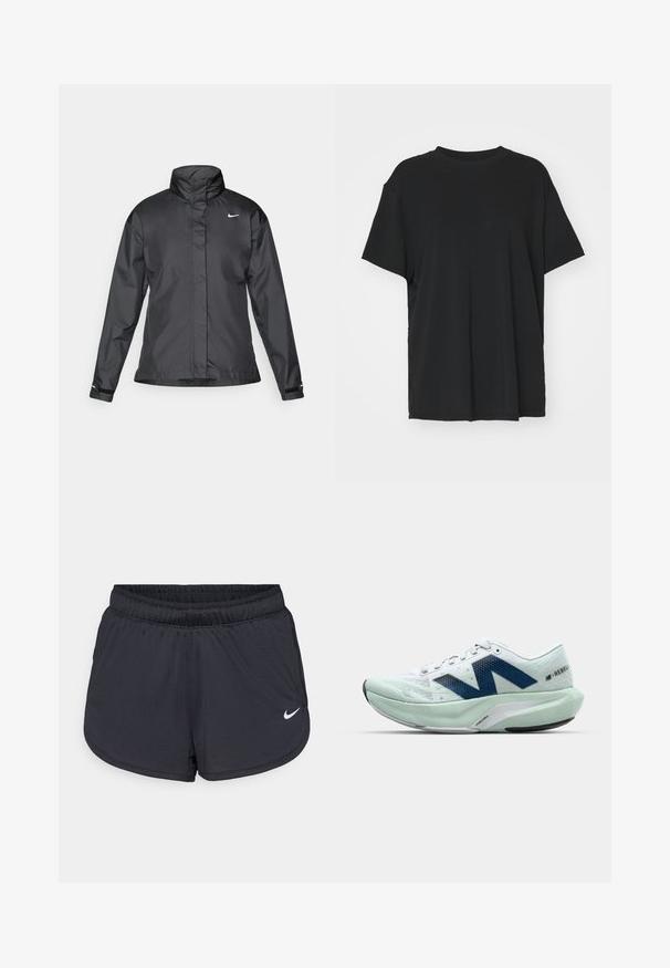 Svarte vindjakke med høy krage, full glidelås foran og Nike-logo på brystet; laget av glatt, lett materiale.; Svart t-skjorte med korte ermer laget av glatt stoff, med rund hals og løs passform. Har sideslisser for ekstra komfort og pusteevne.; Sorte atletiske shorts med elastisk midjebånd, med et sporty design og en hvit Nike-logo på nedre front. Teksturert stoff.; Lettvekts løpesko i hvit og lys mint, med blå detaljer, teksturert mesh-overdel og en polstret såle med uttalt hæl.