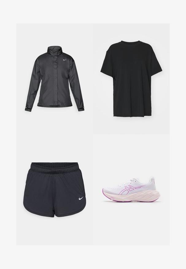 Black windbreaker jacket featuring a high collar, full zip front, and Nike logo on the chest; made of smooth, lightweight fabric.; Black short-sleeve t-shirt made of smooth fabric, with a crew neck and loose fit. Features side slits for added comfort and breathability.; Black athletic shorts with an elastic waistband, featuring a sporty design and a white Nike logo on the lower front. Textured fabric.; White athletic shoe with pink accents, textured upper, lightweight design, and a chunky, multi-layered sole. Features logo on side.