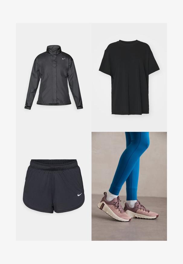 Schwarze Windjacke mit hochgeschlossenem Kragen, durchgehendem Reißverschluss und Nike-Logo auf der Brust; aus glattem, leichtem Material gefertigt.; Schwarzes T-Shirt mit kurzen Ärmeln aus glattem Stoff, mit Rundhalsausschnitt und lockerer Passform. Verfügt über seitliche Schlitze für zusätzlichen Komfort und Atmungsaktivität.; Schwarze Sportshorts mit elastischem Bund, sportlichem Design und weißem Nike-Logo vorne unten. Strukturierter Stoff.; Sportliche Schuhe in Hellrosa und Beige mit strukturierten Seitenpaneelen, braunen Akzenten und flexiblen Sohlen. Getragen mit blauen Leggings und weißen Socken.