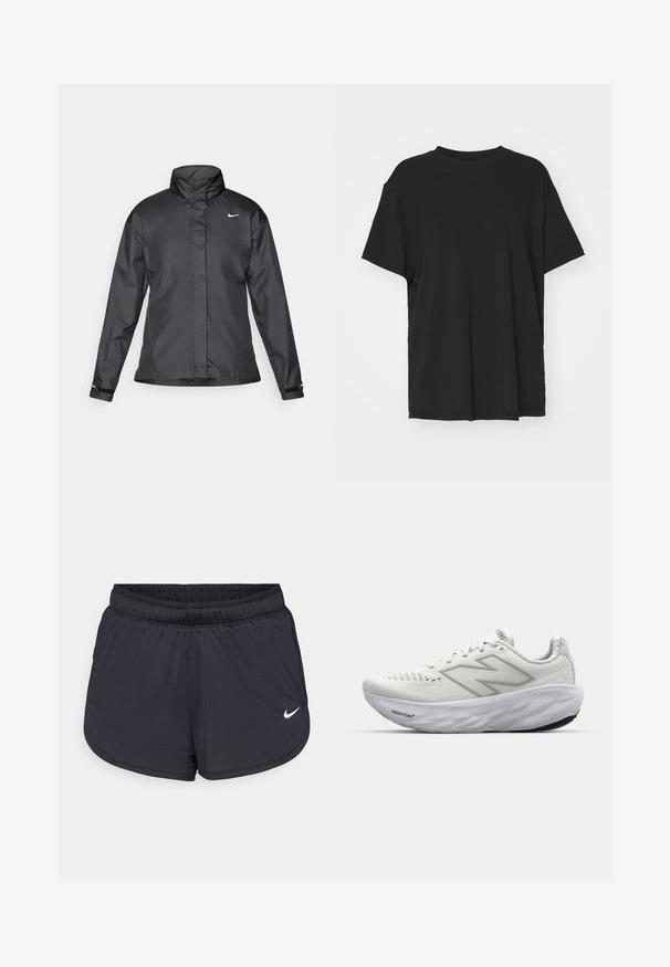 Giacca a vento nera con colletto alto, chiusura full zip e logo Nike sul petto; realizzata in tessuto leggero e liscio.; T-shirt nera a maniche corte realizzata in un tessuto morbido, con collo rotondo e vestibilità ampia. Presenta delle fessure laterali per un comfort e una traspirabilità aggiuntivi.; Pantaloncini sportivi neri con cintura elastica, caratterizzati da un design sportivo e un logo Nike bianco sulla parte anteriore inferiore. Tessuto strutturato.; Scarpe sportive bianche con tomaia in rete, dotate di collo imbottito, suola testurizzata e il marchio "Fresh Foam" sulla intersuola.