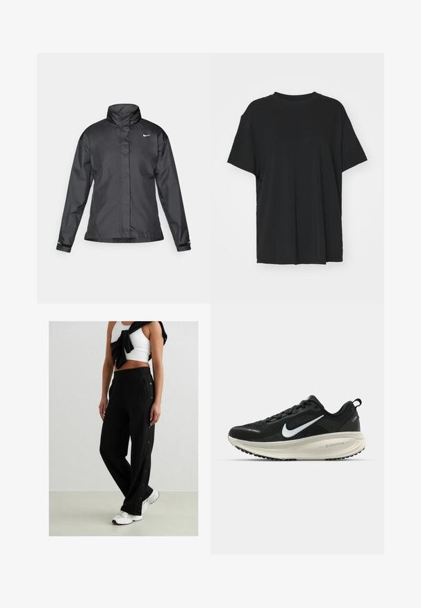 Juoda vėjui atspari striukė su aukštu apykakle, visišku užtrauktuku priekyje ir Nike logotipu krūtinėje; pagaminta iš lygaus, lengvo audinio.; Juodas trumpas rankovėmis marškinėliai, pagaminti iš lygaus audinio, su apvaliu iškirpimu ir laisvu siluetu. Įrengti šoninių skeltukų patogumui ir oro pralaidumui.; Juodi bėgimo kelnės su šoninėmis spaudėmis, elastinga juosta ir dviem šoninėmis kišenėmis. Audinys atrodo minkštas su lygiu paviršiumi.; Juodas Nike sportinis batelis su kvėpuojančiu tinklu, baltu swoosh logotipu, tekstūruoto dizaino detalėmis ir grietinėlės spalvos ZoomX viduriu.